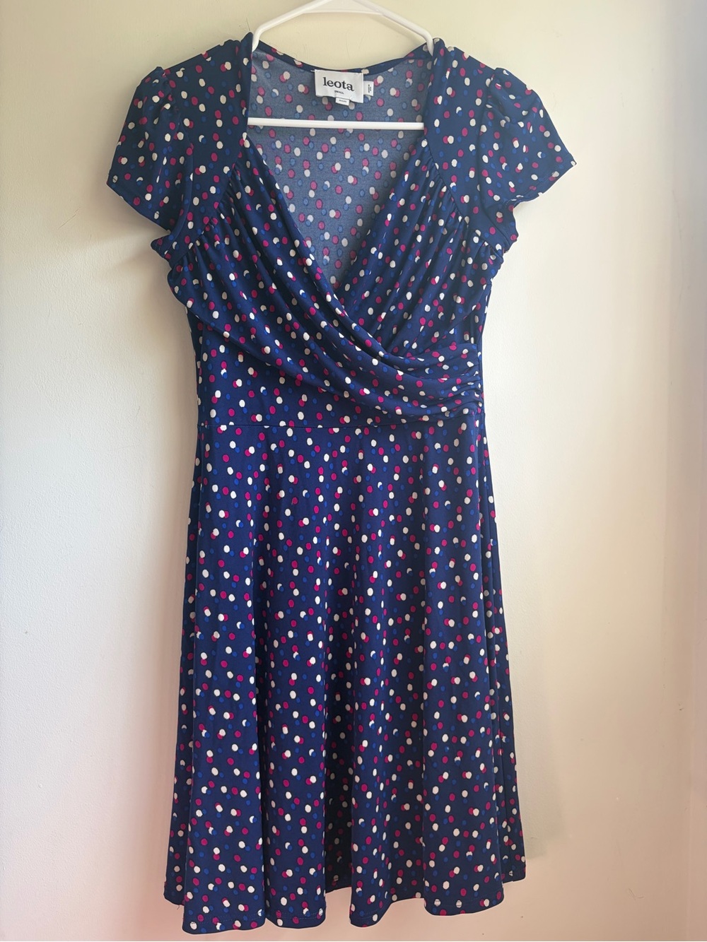 Leota Navy Polka Dot Faux-Wrap Dress with Pink & White Dots